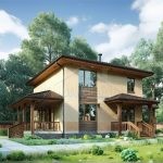 Проект дома «С-163» из СИП-панелей, 163 м² — двухэтажный дом со штукатуркой, деревом и крытыми террасами | HotWell.KZ