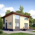 Проект дома «С-199» из СИП-панелей, 199 м² — двухэтажный дом с бежевой штукатуркой и тёмными вставками, вальмовая крыша и панорамные окна | HotWell.KZ