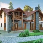 Проект дома «С-309» из СИП-панелей, 309 м² — двухэтажный дом с мансардой, красная черепичная крыша, фасад из штукатурки, дерева и камня | HotWell.KZ