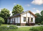 Проект дома «Т-120ББ» из СИП-панелей, 120 м² — одноэтажный дом с белой штукатуркой, деревянными балками и панорамными окнами | HotWell.KZ
