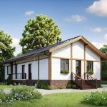Проект дома «Т-120ББ» из СИП-панелей, 120 м² — одноэтажный дом с белой штукатуркой, деревянными балками и панорамными окнами | HotWell.KZ