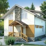 Проект дома «Т-153ВВ» из СИП-панелей, 153 м² — двухэтажный дом, штукатурка с деревом и камнем, крыльцо с навесом | HotWell.KZ
