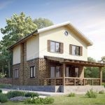 Проект дома «Т-153ББ» из СИП-панелей, 153 м² — двухэтажный оштукатуренный дом с каменной отделкой и крытой террасой | HotWell.KZ