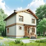 Проект дома «Т-160ББ» из СИП-панелей, 160 м² — двухэтажный дом со светлым сайдингом, деревянной отделкой и крыльцом | HotWell.KZ