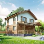 Проект дома «Т-140ББ» из СИП-панелей, 140 м² — дом с мансардой, деревянная отделка и штукатурка, терраса под навесом с крыльцом | HotWell.KZ