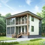 Проект дома «Т-153» из СИП-панелей, 153 м² — двухэтажный дом с зелёным сайдингом, балконом и крыльцом | HotWell.KZ