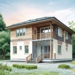 Проект дома «Т-163» из СИП-панелей, 163 м² — двухэтажный дом со штукатуркой, деревянными вставками и балконом | HotWell.KZ