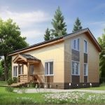 Проект дома «Т-195» из СИП-панелей, 195 м² — дом с мансардой, светло-жёлтый фасад, серая двускатная крыша, крыльцо и панорамные окна | HotWell.KZ