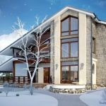 Проект дома «Т-338» из СИП-панелей, 338 м² — двухэтажный дом с каменным фасадом, деревом и панорамным остеклением зимой | HotWell.KZ