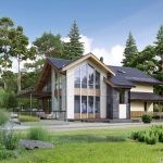 Проект дома «Т-332» из СИП-панелей, 332 м² — двухэтажный дом с панорамными окнами, фасад из штукатурки и дерева, терраса | HotWell.KZ