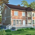 Проект дома «Т-584» из СИП-панелей, 584 м² — двухэтажный дом из красного кирпича с белой отделкой, терраса с балюстрадой и крыльцо | HotWell.KZ