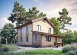 Проект дома «У-173» из СИП-панелей, 173 м² — дом с мансардой, фасад из штукатурки, дерева и камня, крыльцо | HotWell.KZ