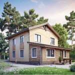 Проект дома «У-173» из СИП-панелей, 173 м² — дом с мансардой, фасад из штукатурки, дерева и камня, крыльцо | HotWell.KZ