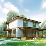 Проект дома «У-164» из СИП-панелей, 164 м² — двухэтажный дом с белой штукатуркой и деревом, просторная крытая терраса, панорамные окна | HotWell.KZ