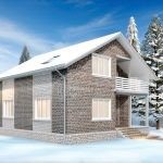 Проект дома «Ф-180» из СИП-панелей, 180 м² — дом с мансардой и каменным фасадом, двускатная крыша и балкон, зимний вид | HotWell.KZ