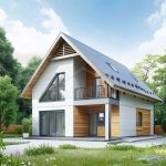 Проект дома «Ф-190» из СИП-панелей, 190 м² — дом с мансардой, белая штукатурка и дерево, балкон и панорамные окна | HotWell.KZ