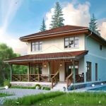 Проект дома «Ю-160» из СИП-панелей, 160 м² — двухэтажный дом со светлой штукатуркой, черепичной крышей и крытой террасой | HotWell.KZ