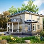 Проект дома «Я-182» из СИП-панелей, 182 м² — двухэтажный дом из бежевого камня с балконом и террасой | HotWell.KZ