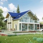 Проект дома «Я-237» из СИП-панелей, 237 м² — дом с мансардой, синяя черепичная крыша, зелёный фасад, панорамные окна и терраса | HotWell.KZ
