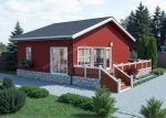 Проект дома «М-100» из СИП-панелей, 75 м² — одноэтажный дом с красным деревянным фасадом, террасой и каменным цоколем | HotWell.KZ
