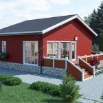 Проект дома «М-100» из СИП-панелей, 75 м² — одноэтажный дом с красным деревянным фасадом, террасой и каменным цоколем | HotWell.KZ