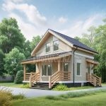 Проект дома «С-60ББ» из СИП-панелей, 60 м² — дом с мансардой из светлого кирпича, тёмной двускатной крышей и крыльцом | HotWell.KZ