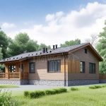 Проект дома «П-102» из СИП-панелей, 102 м² — одноэтажный дом с деревянным фасадом, тёмной двускатной крышей и каменным цоколем | HotWell.KZ