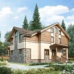 Проект дома «В-312» из СИП-панелей, 312 м² — двухэтажный дом с каменным цоколем и террасой, коричневая черепичная крыша | HotWell.KZ