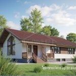 Проект дома «Г-122» из СИП-панелей, 122 м² — одноэтажный дом со светлой штукатуркой, коричневой крышей, панорамными окнами и крыльцом | HotWell.KZ