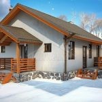 Проект дома «О-103» из СИП-панелей, 103 м² — одноэтажный дом со светлой штукатуркой, коричневой двускатной крышей и крыльцом | HotWell.KZ