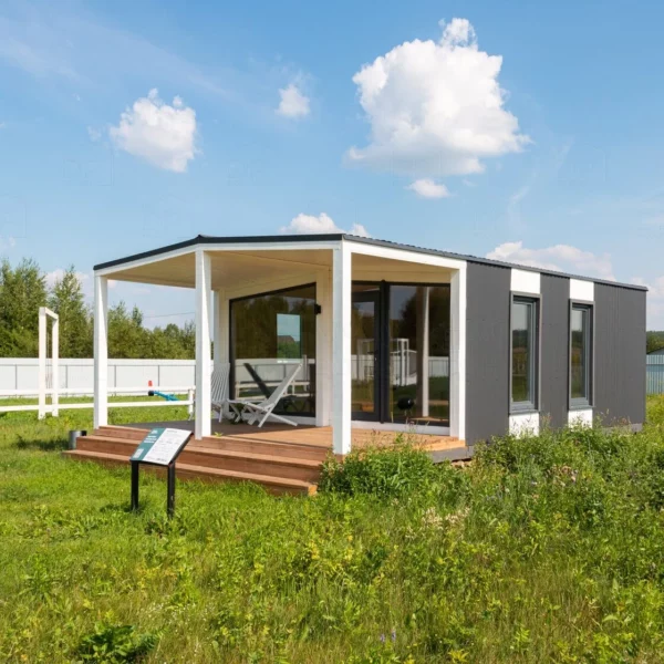Проект дома «М-40ВВ» из СИП-панелей, 40 м² — одноэтажный дом с тёмным сайдингом, крытой террасой и панорамными окнами | HotWell.KZ