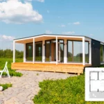 Проект дома «М-44» из СИП-панелей, 44 м² — одноэтажный дом с тёмным фасадом, крытой террасой и панорамными окнами | HotWell.KZ