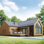 Проект дома «Т-200» из СИП-панелей, 200 м² — одноэтажный дом, деревянный сайдинг с чёрными акцентами, чёрная крыша, терраса, панорамные окна | HotWell.KZ