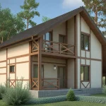 Проект дома «К-200» из СИП-панелей, 200 м² — дом с мансардой в фахверковом стиле, бежевая штукатурка с тёмными балками, балкон и терраса | HotWell.KZ
