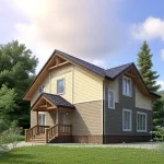 Проект дома «Б-180» из СИП-панелей, 180 м² — двухэтажный дом с мансардой, жёлтый и серый сайдинг, тёмная черепичная крыша, деревянное крыльцо | HotWell.KZ