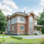 Проект дома «Б-211» из СИП-панелей, 211 м² — двухэтажный дом с кирпичным фасадом и штукатуркой, арочное окно и крыльцо | HotWell.KZ