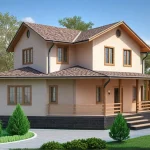 Проект дома «Ж-204» из СИП-панелей, 204 м² — дом с мансардой, бежевая штукатурка и коричневая черепичная крыша | HotWell.KZ
