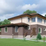 Проект дома «Л-188» из СИП-панелей, 188 м² — двухэтажный дом с темным кирпичом и светлой штукатуркой, крыльцо | HotWell.KZ