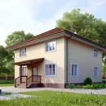 Проект дома «В-200» из СИП-панелей, 200 м² — двухэтажный дом из светло-жёлтого кирпича с крыльцом под навесом | HotWell.KZ