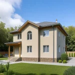 Проект дома «П-236» из СИП-панелей, 236 м² — двухэтажный оштукатуренный дом с крыльцом и арочным окном | HotWell.KZ