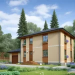 Проект дома «Щ-170» из СИП-панелей, 170 м² — двухэтажный дом с бежевой штукатуркой и деревянными вставками, гараж | HotWell.KZ