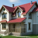 Проект дома «Л-202» из СИП-панелей, 202 м² — двухэтажный дом с мансардой, бежевый фасад и красная черепичная крыша | HotWell.KZ