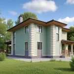 Проект дома «В-187» из СИП-панелей, 187 м² — двухэтажный дом с мятно-зелёной штукатуркой и каменным цоколем | HotWell.KZ