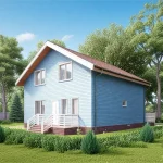 Проект дома «Ч-184» из СИП-панелей, 184 м² — двухэтажный дом с голубым сайдингом и террасой с белыми перилами | HotWell.KZ