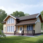 Проект дома «О-217» из СИП-панелей, 217 м² — двухэтажный дом с мансардой, панорамные окна и терраса с перилами | HotWell.KZ