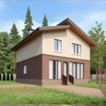 Проект дома «Н-201ББ» из СИП-панелей, 201 м² — двухэтажный дом, бежевая штукатурка и коричневый кирпич, серая крыша, панорамные окна, крыльцо | HotWell.KZ
