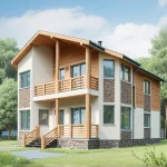 Проект дома «Л-229» из СИП-панелей, 229 м² — двухэтажный дом, штукатурка с деревом и камнем, балкон с деревянными перилами, панорамные окна | HotWell.KZ