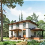 Проект дома «Г-175ВВ» из СИП-панелей, 175 м² — двухэтажный дом с белой штукатуркой и деревянной отделкой, крытая терраса | HotWell.KZ