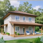 Проект дома «Т-200ББ» из СИП-панелей, 200 м² — двухэтажный дом, светлая бежевая штукатурка, черепичная крыша, крытая терраса с деревянными колоннами | HotWell.KZ
