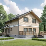Проект дома «Р-170» из СИП-панелей, 170 м² — двухэтажный дом с мансардой, бежевый кирпич и деревянный сайдинг, тёмная крыша, терраса | HotWell.KZ